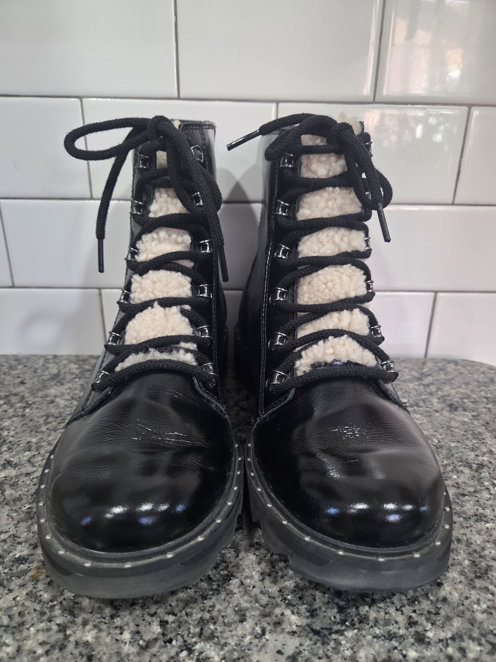 Sorel Black Lace-Up Waterproof Ankle Boots with Cream Shearling Detail